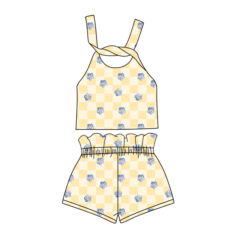 Preorder (moq 5)Baby Girls Checkered Flowers Straps Top Shorts Clothes Sets