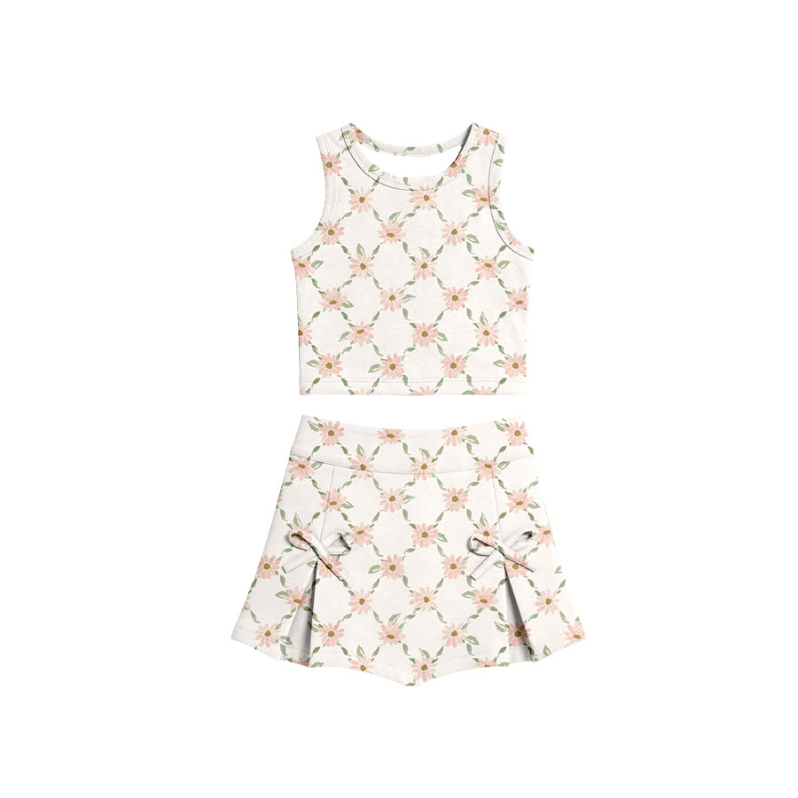 Preorder (moq 5)Baby Girls Pink Daisy Flowers Checked Vest Bows Skirt Shorts Clothes Sets