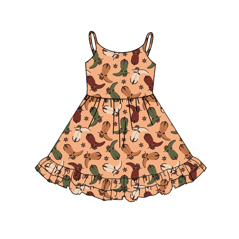 Preorder (moq 5)Baby Girls Khaki Strap Colorful Boots Knee Length Dresses