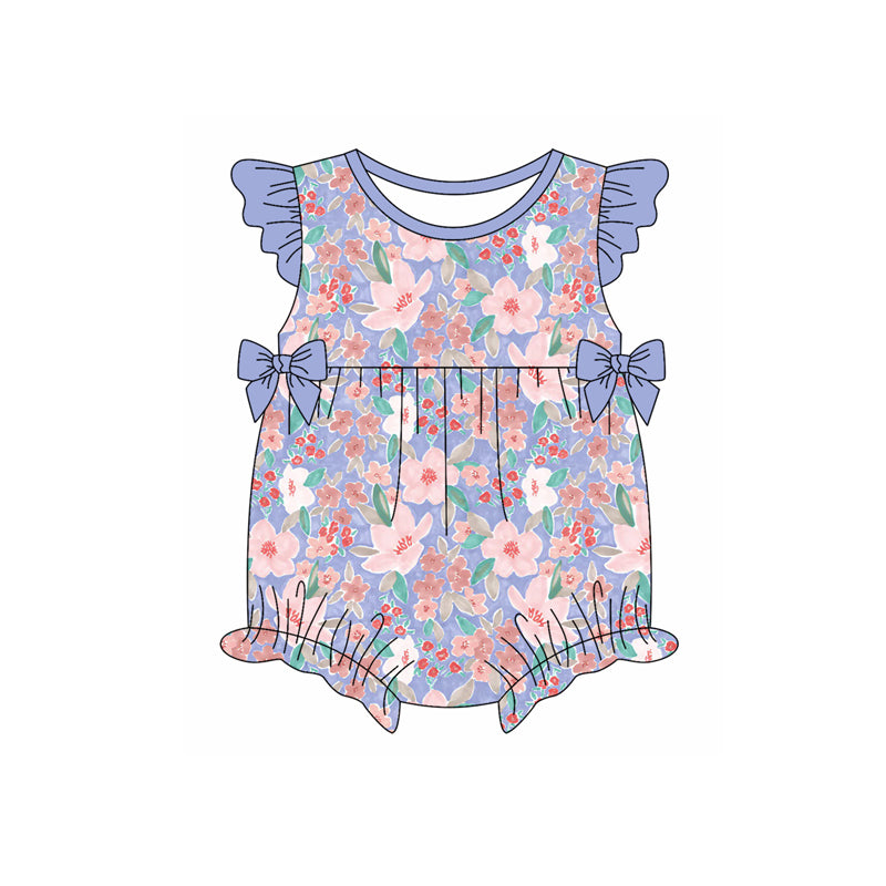 Preorder(moq 5)Baby Infant Girls Purple Flowers Bow Summer Rompers