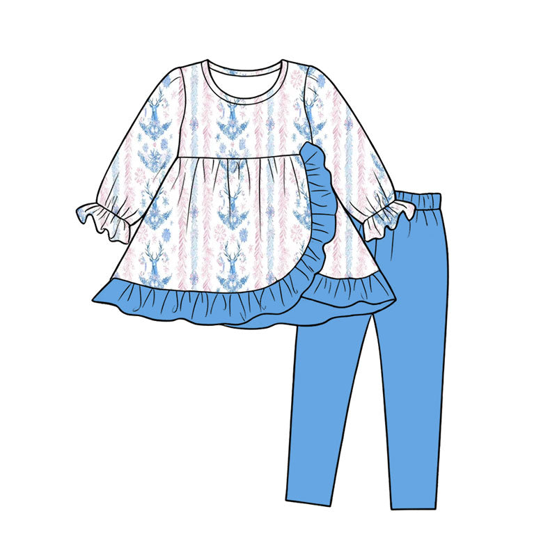 Preorder (moq 5) Baby Girl Clothes Blue Deer Floral Mixed Print Long Sleeve Tunic Pant Set