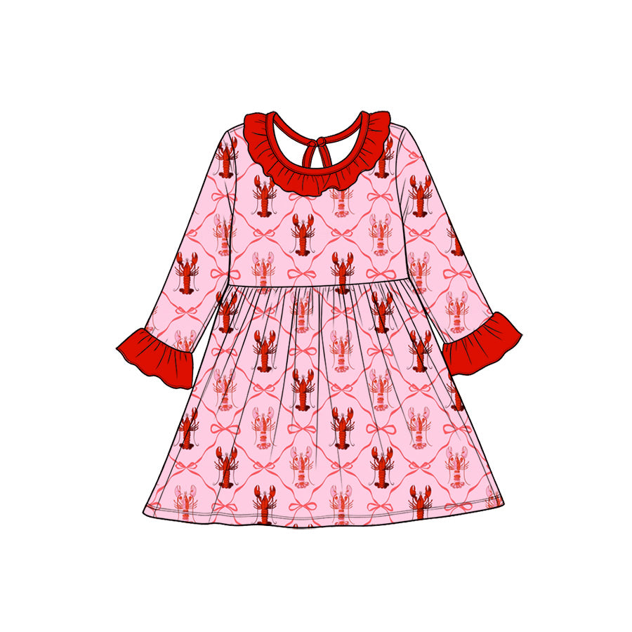 Preorder(moq5) Baby Girl Clothes Crawfish Pink Bow Lattice Print Long Sleeve Ruffle Twirl Dress