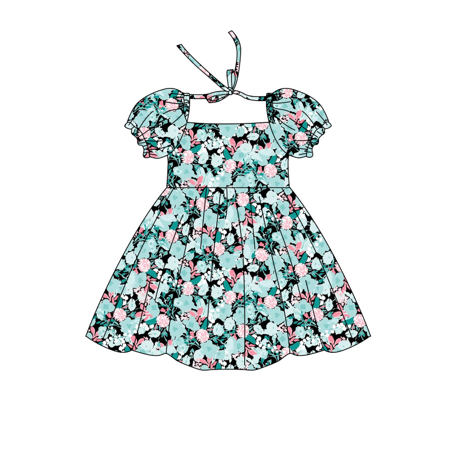 Preorder (moq 5)Baby Girls Short Ruffle Sleeve Colorful Floral Knee Length Dresses