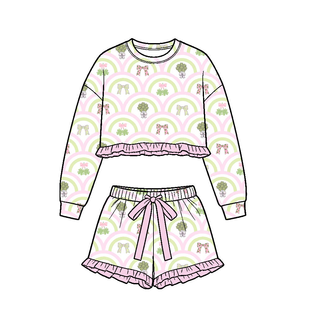 Preorder (moq5) Baby Girls Clovers Rainbows Long Sleeve Top Ruffle Short St Patrick Clothes Set