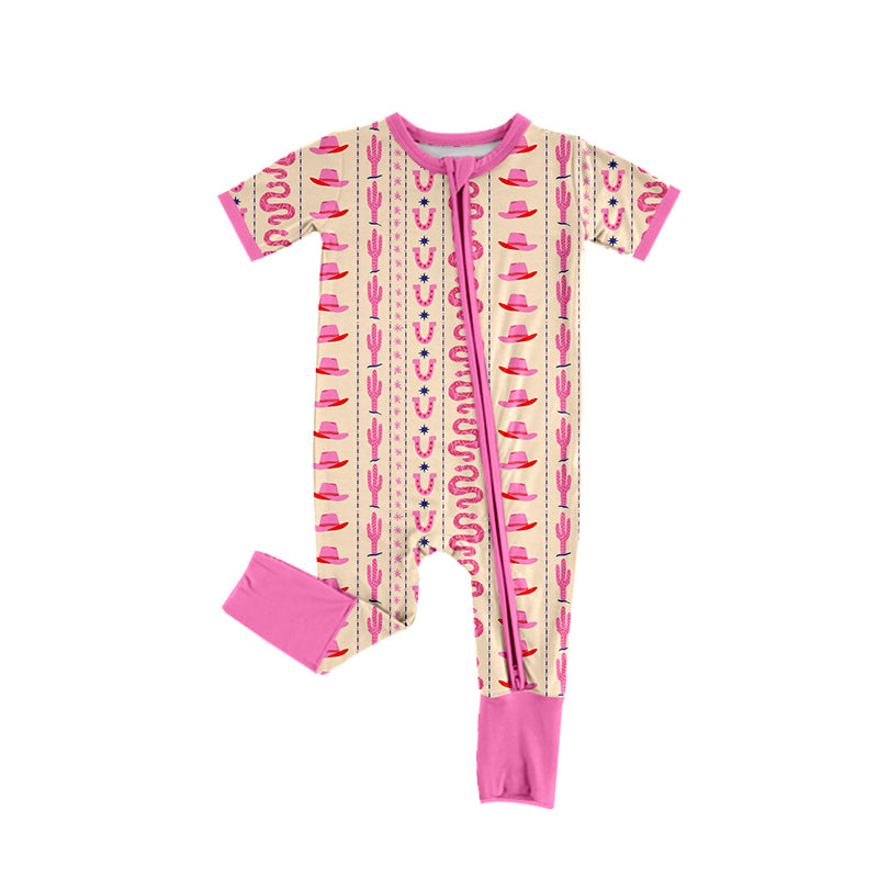 Preorder (moq 5)Baby Boys Pink Short Sleeves Boots Cactus Stripe Zipper Rompers