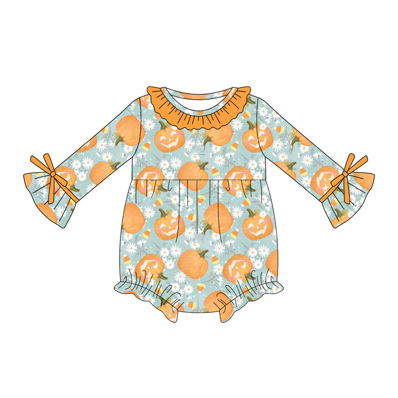 Preorder (moq 5)Baby Girls Blue Long Sleeves Flowers Pumpkins Ruffle Rompers