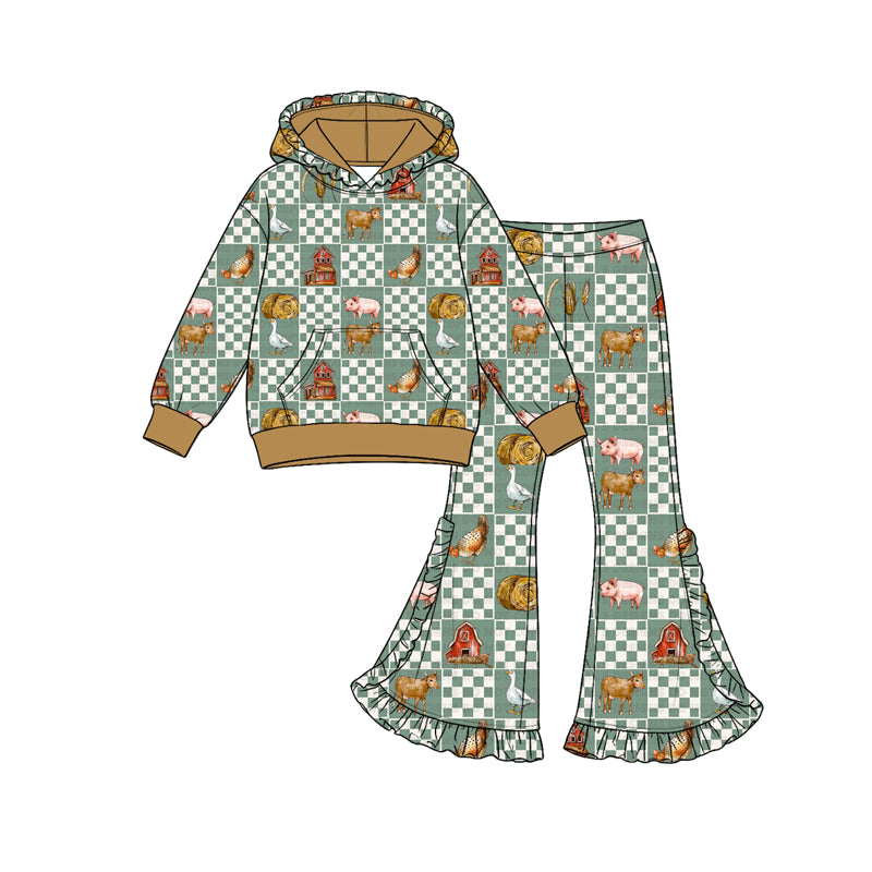 Preorder (moq 5) Girls’ Fall Red Hooded Long-Sleeve Pig, Calf & Chick Ruffle Flare Pants Print Set | Matching Sister & Family Outfits