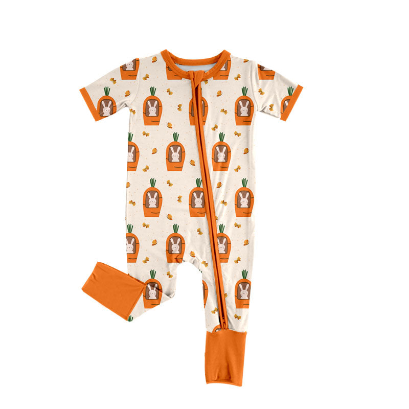 Preorder (moq 5) Baby Girl Clothes Cute Bunny In Carrot House Allover Print Short Sleeve Zip Romper Jumpsuit