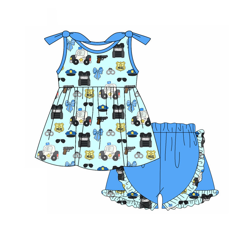 Preorder (moq 5)Baby Girls Police Blue Bows Tunic Top Ruffle Shorts Clothes Sets