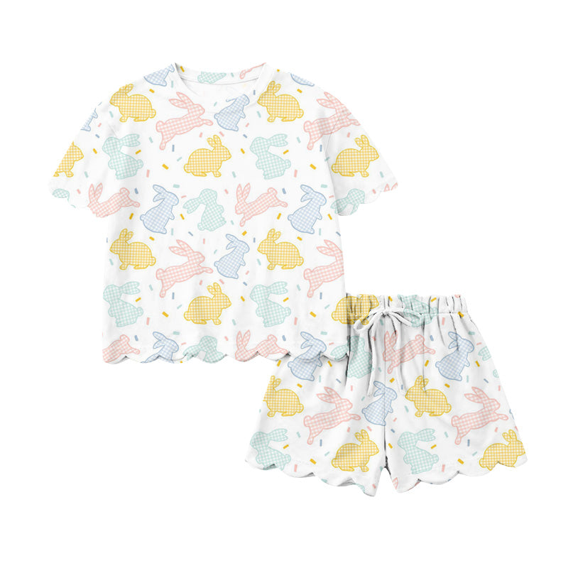 Preorder (moq 5)Baby Girls Colorful Rabbits Sprinkles Top Scallop Shorts Easter Clothes Sets