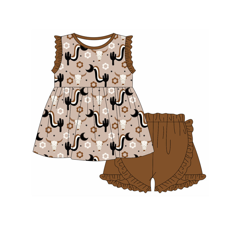 Preorder (moq 5)Baby Girls Western Cow Cactus Brown Tunic Top Shorts Clothes Sets