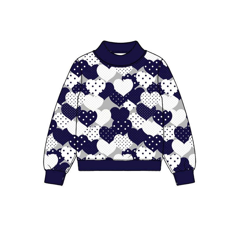 Preorder (moq 5) Women Clothes Navy White Polka Dot Heart Mixed Print Long Sleeve Mock Neck Sweatshirt