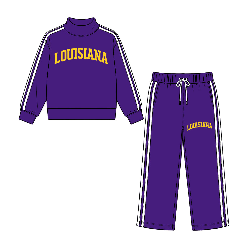 Preorder (moq 5) Baby Girl Clothes Purple Letter Graphic Print Long Sleeve Mock Neck Top Wide Leg Pant Outfit Set