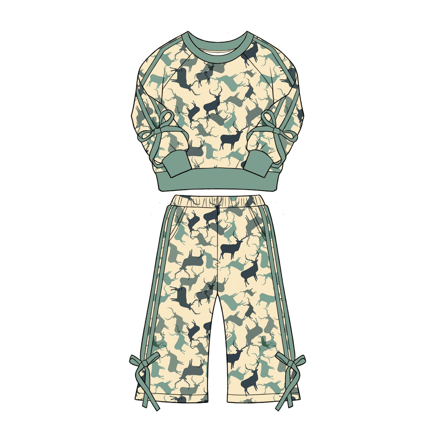 Preorder (moq 5)Baby Girls Green Deer Top Flare Pockets Pant Hunting Clothes Sets