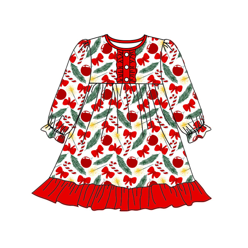 Preorder (moq 5)Baby Girls Long Ruffle Sleeves Red Bows Cherry Button Knee Length Dresses