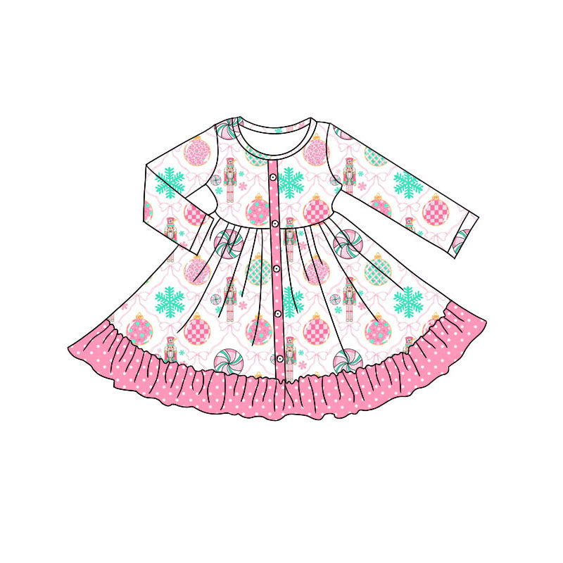 Preorder (moq 5)Baby Girls Pink Bows Soldiers Button Ruffle Christmas Knee Length Dresses