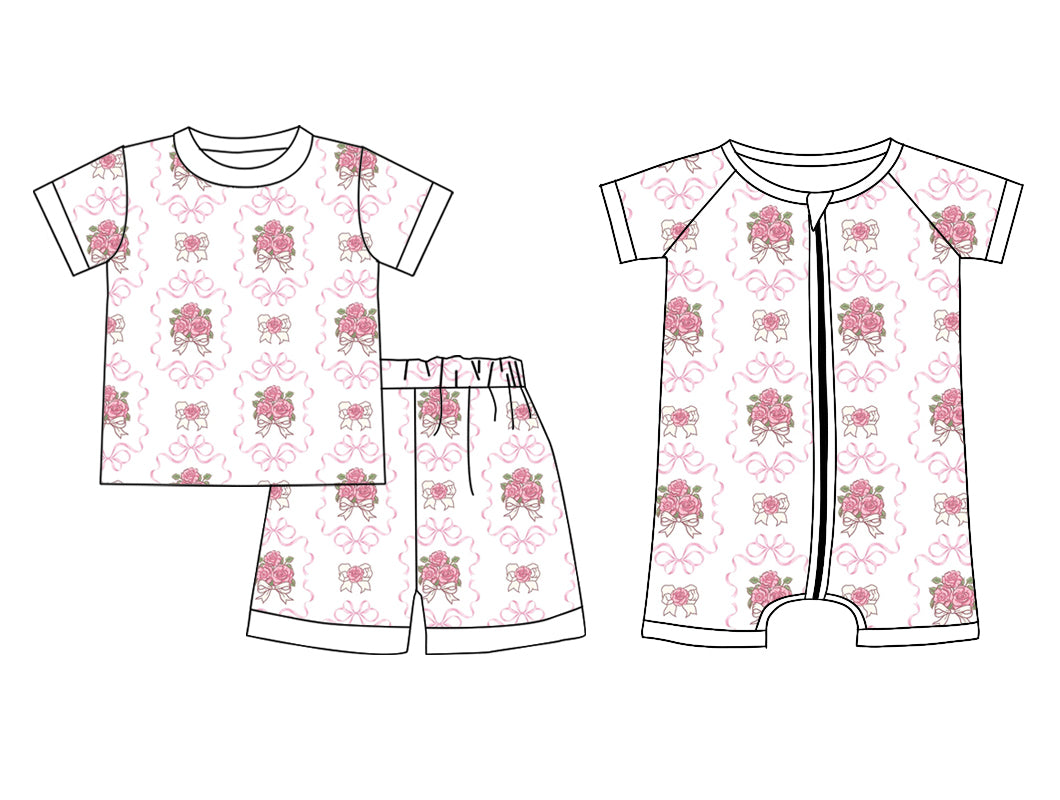 Preorder(moq 5 each)Sibling Baby Girls Valentines Rose Bows Top Shorts Pajamas Rompers Clothes Sets