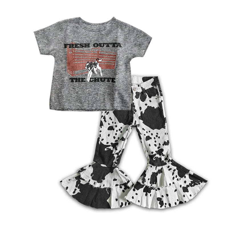 Baby Girls Grey Dog Tee Shirts Tops Black Cow denim pants sets preorder(moq 5)