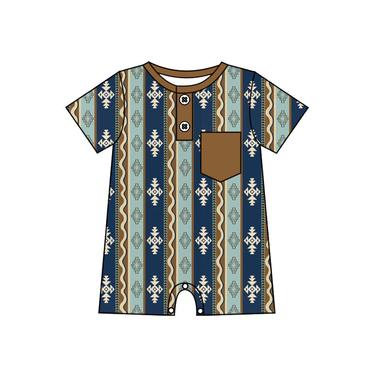 Preorder(moq 5)Baby Infant Boys Western Aztec Pocket Pocket Rompers