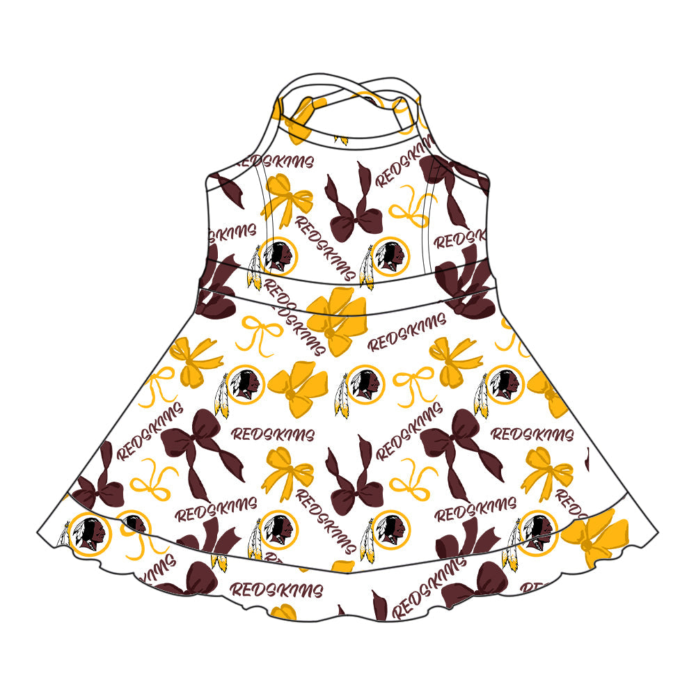 Preorder (moq 5)Baby Girls Yellow Strap Redskins Bows Ruffle Team Knee Length Dresses