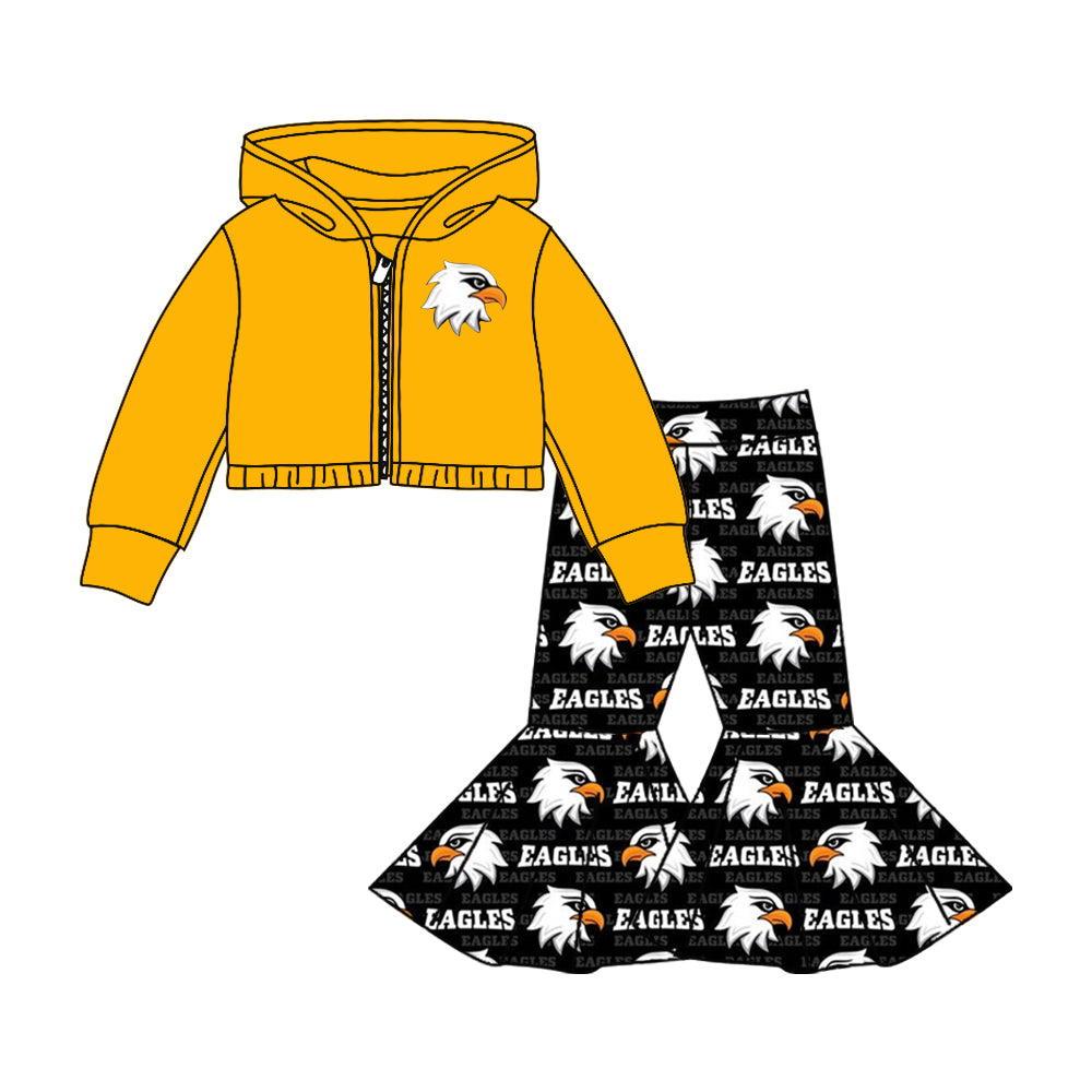 preorder(moq 5) Baby Girls Black Eagles Team Hooded Top Bell Pants Clothes Sets