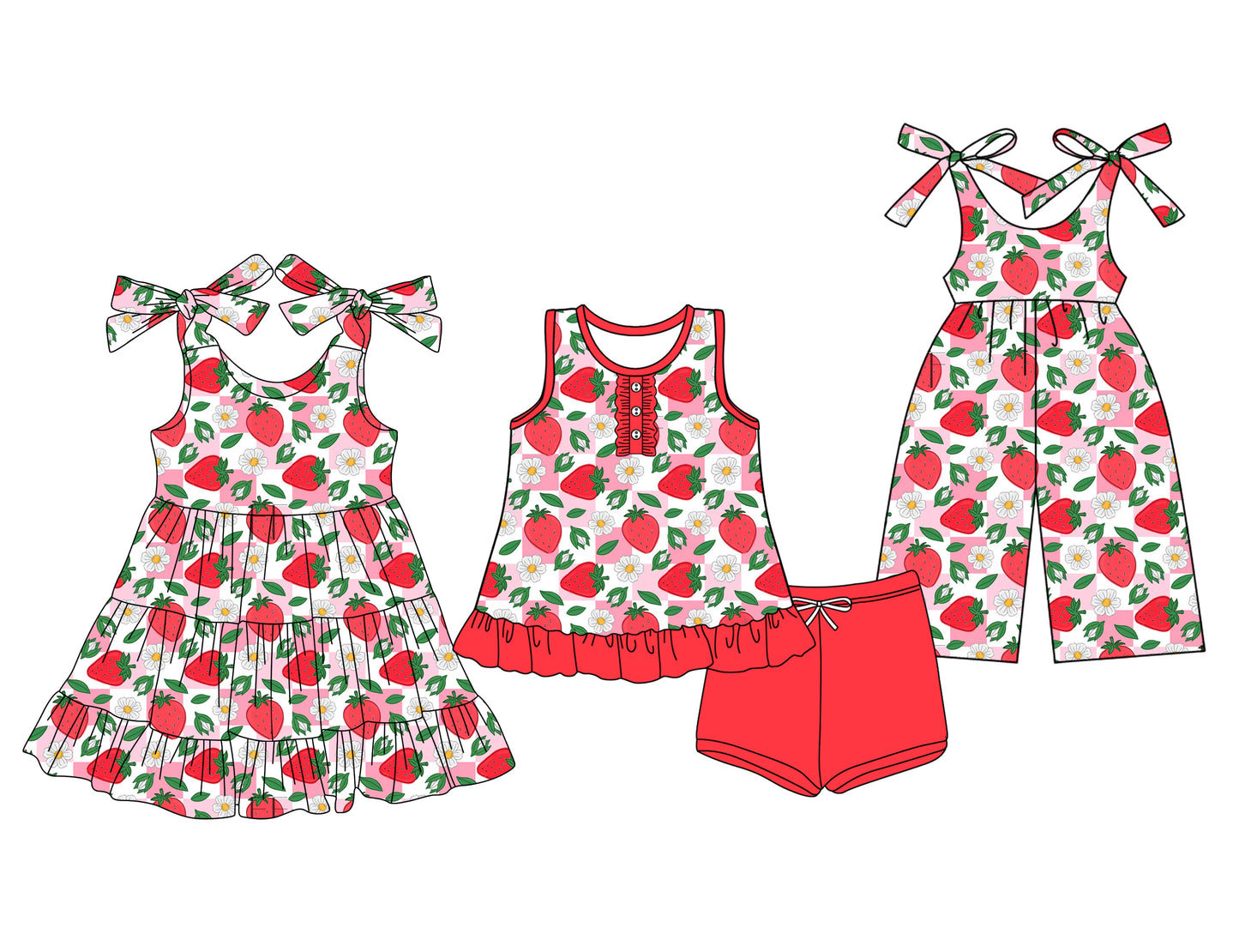 Preorder moq 5 Custom Baby Girls Strawberry Flowers Button Tunic Red Short Set Knee Length Dress Jumpsuits