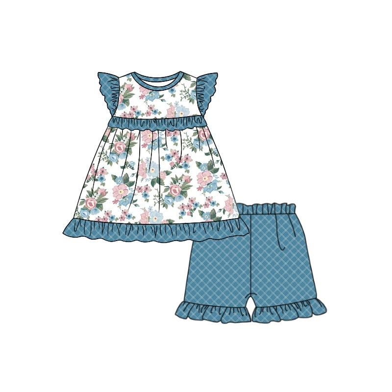 Baby Girls Navy Flowers Tunic Ruffle Stripes Shorts Clothes Sets preorder(moq 5)