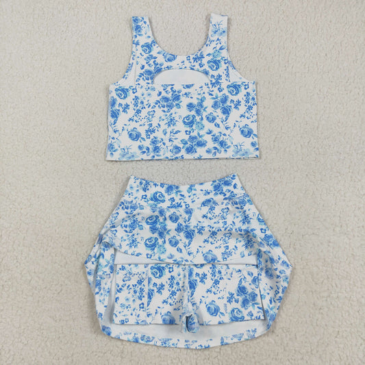 Baby Girls Blue Flowers Print Vest Top Shorts Skirts Yoga Activity Set
