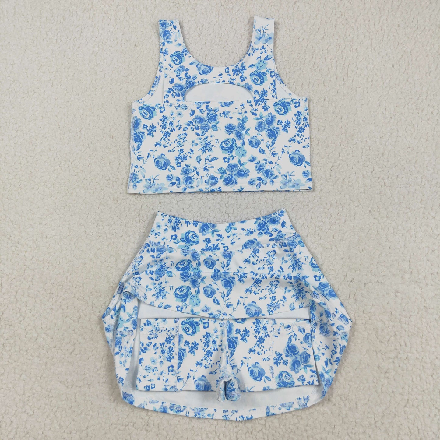 Baby Girls Blue Flowers Print Vest Top Shorts Skirts Yoga Activity Set