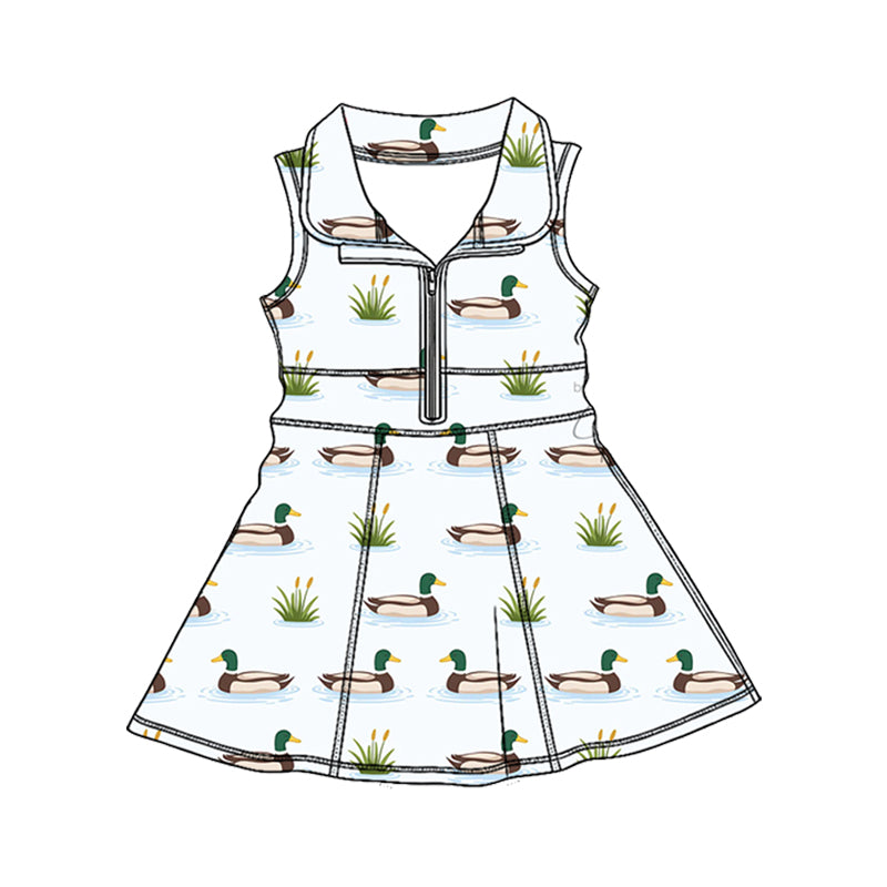 Preorder (moq 5)Baby Girls Green Ducks Hunting Zipper Knee Length Dresses