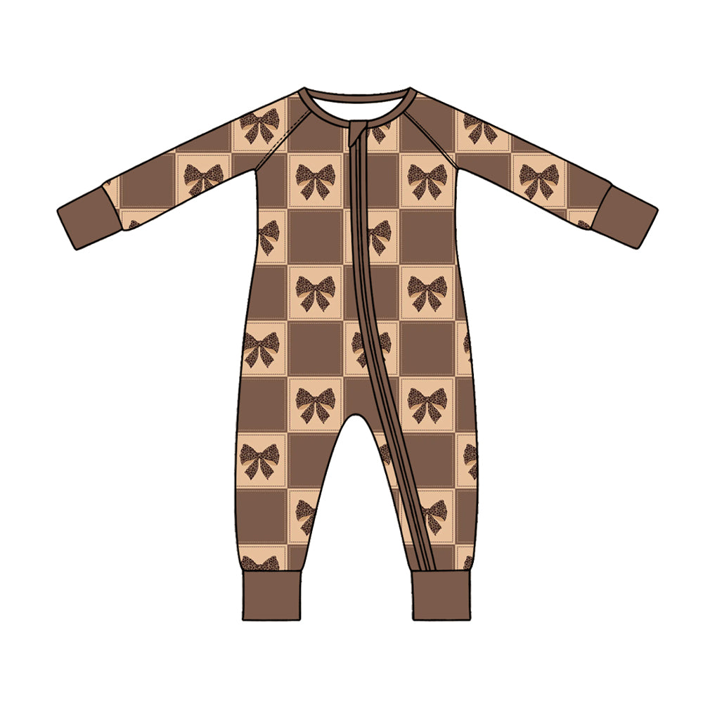 Preorder (moq 5) Baby Girl Clothes Brown Checkered Leopard Bow Print Long Sleeve Zipper Romper