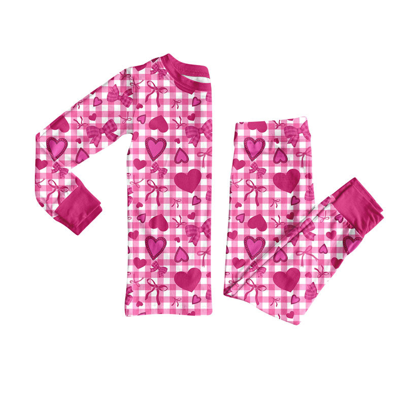 Preorder(moq 8)Baby Girls Hot Pink Checked Bows Hearts Top Pants Valentine Pajamas Sets