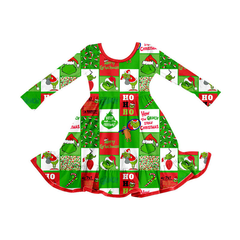 Preorder (moq 5)Baby Girls Green Faces Checked Christmas Ruffle Knee Length Dresses