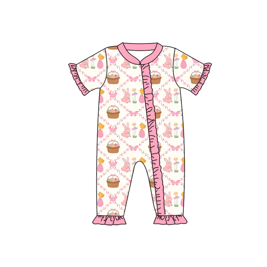 Preorder moq 5 Baby Girls’ Easter Bunny Bow Ruffle & Flows Zip-Up Romper, Festive Holiday Outfit