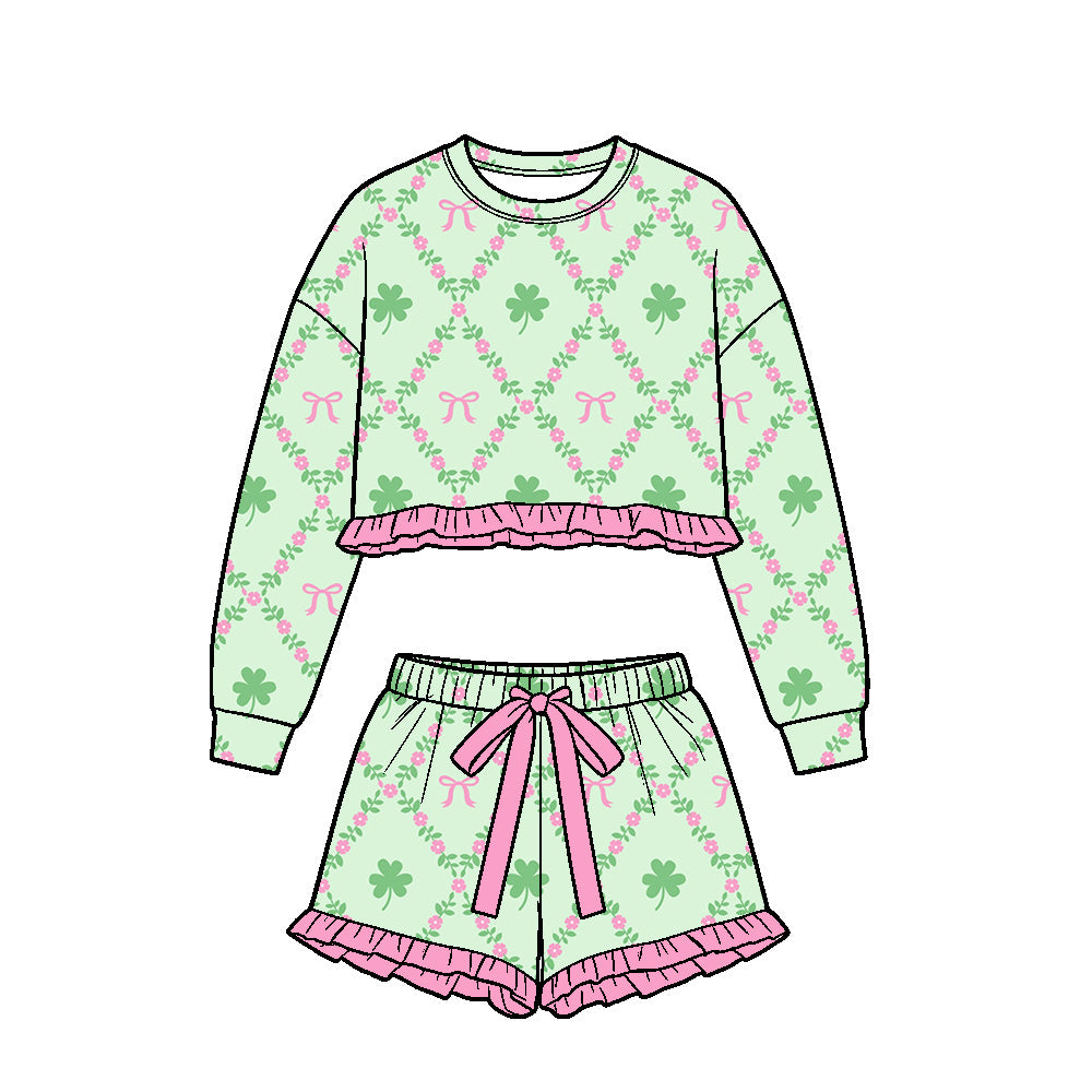 Preorder (moq5) Baby Girls Clovers Bows Checked Long Sleeve Top Ruffle Short St Patrick Clothes Set