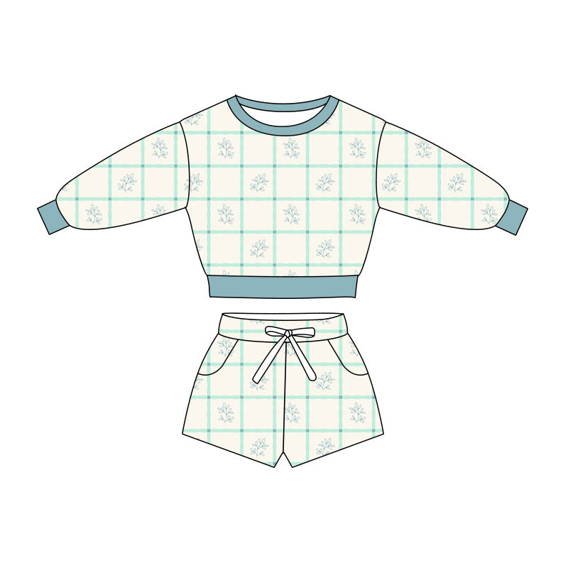 Preorder(moq 5) Baby Girls Green Flowers Checked Long Sleeve Pockets Shorts Clothes Sets