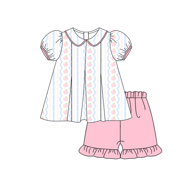 Preorder (moq 5)Baby Girls Pink Short Ruffle Sleeves Apples Stripe Tunic Ruffle Short Set Preorder