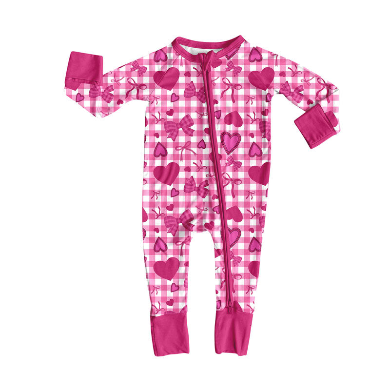 Preorder (moq 8)Baby Girls Hot Pink Checked Bows Hearts Valentine Zipper Footie Rompers