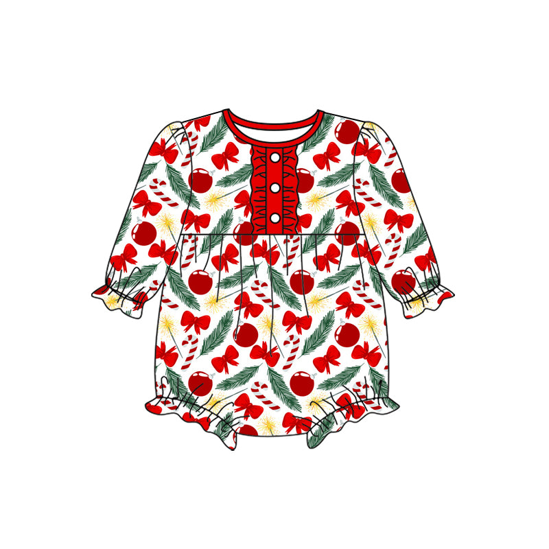 Preorder (moq 5)Baby Girls Long Sleeves Red Bows Cherry Button Ruffle Rompers