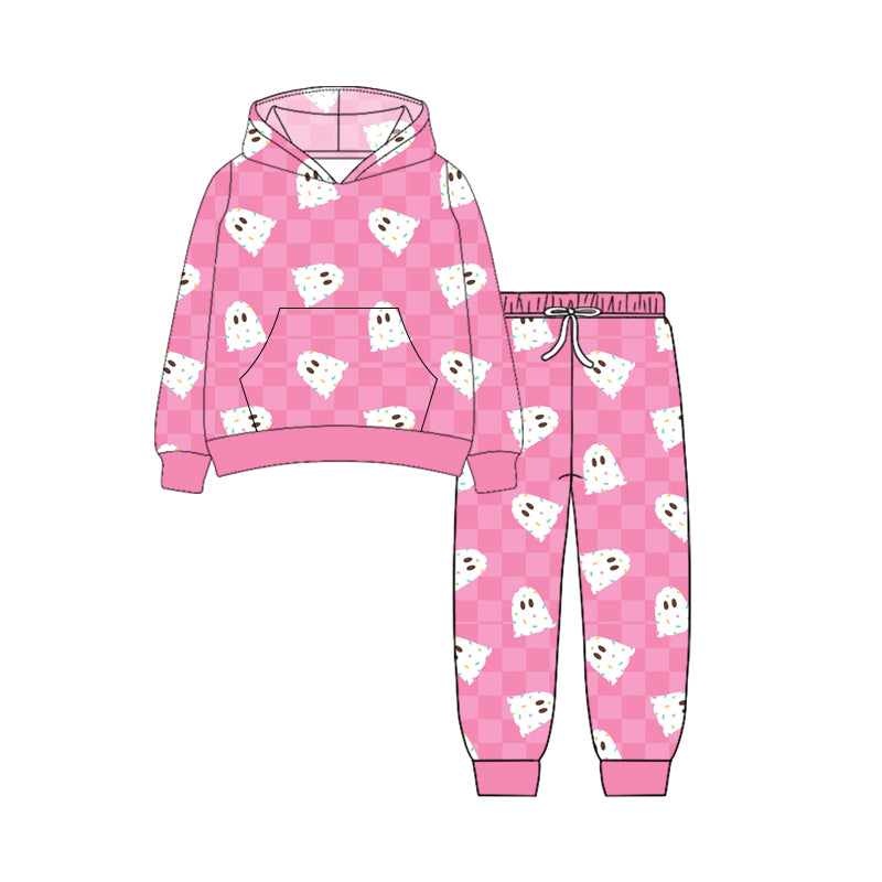 Preorder (moq 5)Baby Girls Long Sleeves Pink Plaid Ghosts Button Pockets Hoodies Top Legging Pants Set