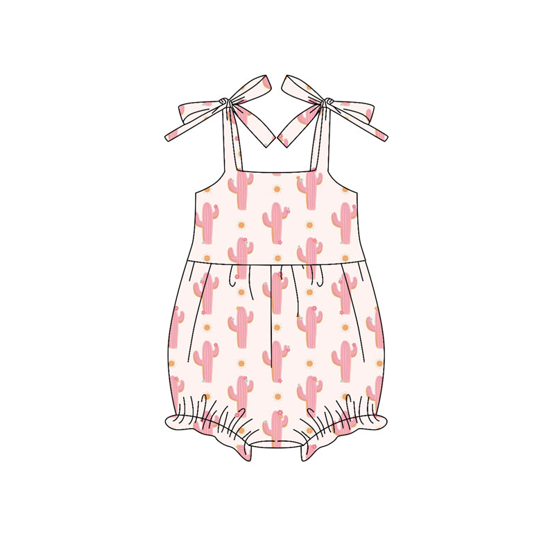 Preorder (moq 5)Baby Girls Bows Strap Light Pink Cactus Polka Dots Ruffle Rompers