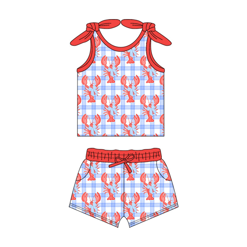 Preorder (moq 5)Baby Girls Crawfish Bows Tee Shirt Top Shorts Clothes Sets
