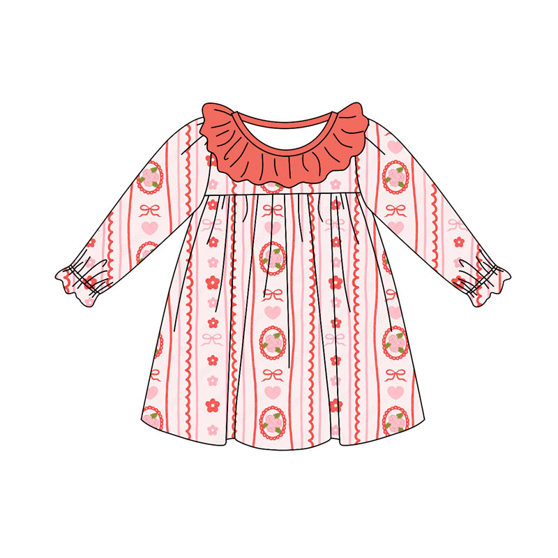 Preorder (moq 5)Baby Girls Long Ruffle Sleeves Peach Hearts Bows Stripe Knee Length Dress