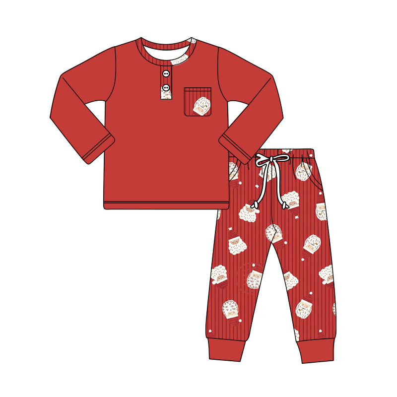 Preorder (moq 5)Baby Boys Red Long Sleeves Button Pocket Top Santa Plaid Leggings Pant Set