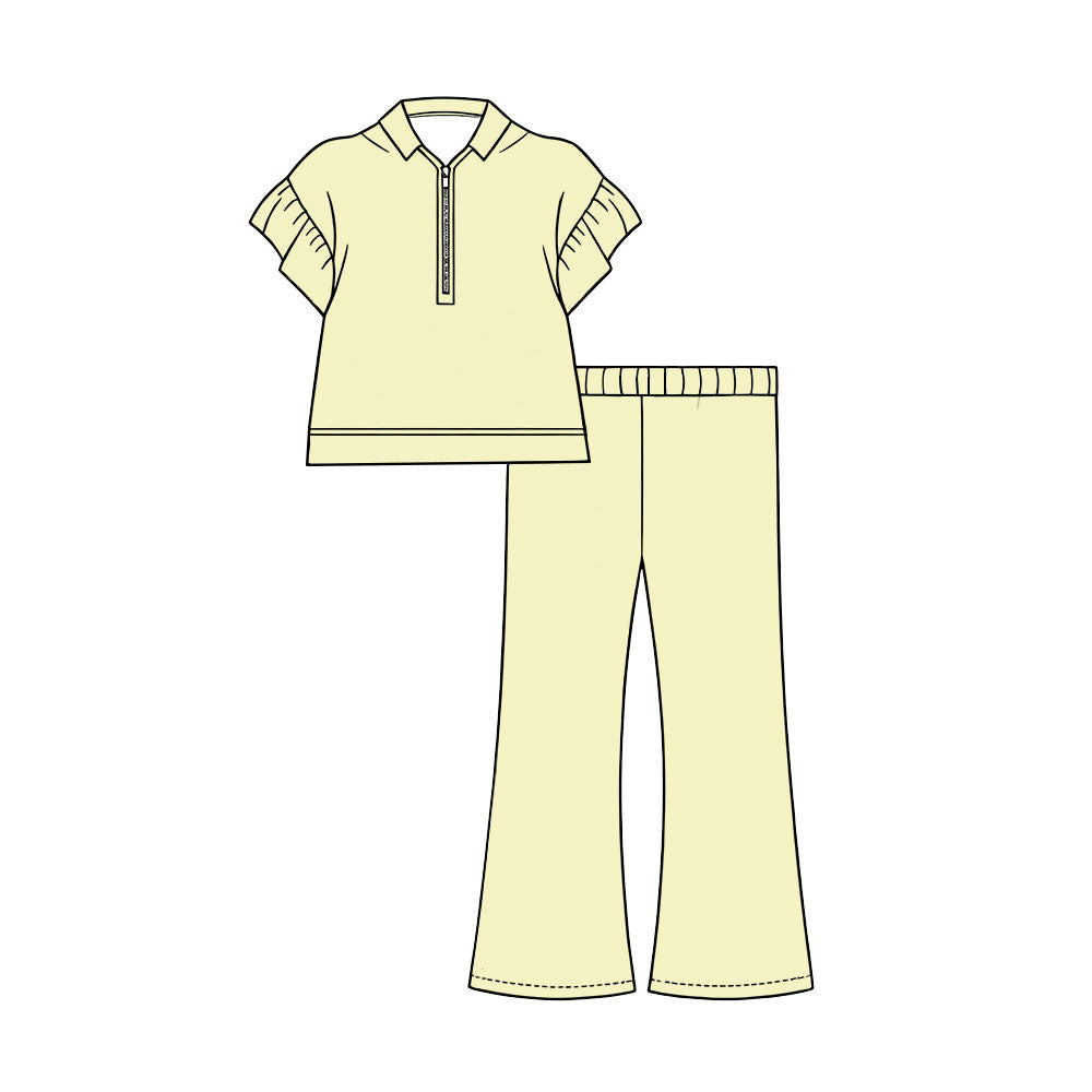 Preorder (moq 5)Baby Girls Yellow Short Ruffle Sleeve Zip Pullovers Flare Pants Clothes Sets