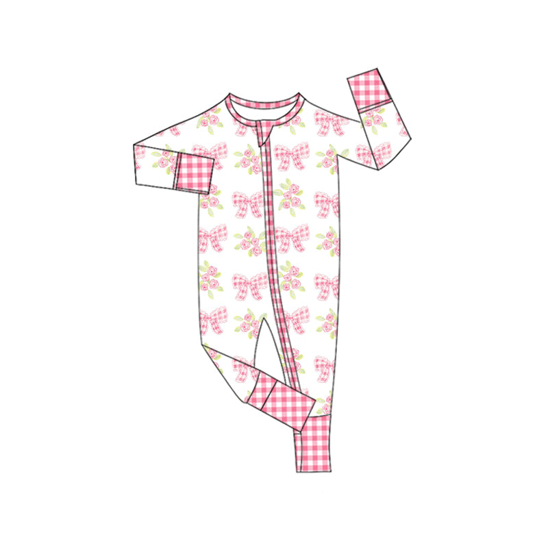 Preorder moq 5 Baby Infant Girls Long Sleeves Pink Plaid Bows Flowers Zipper Romper