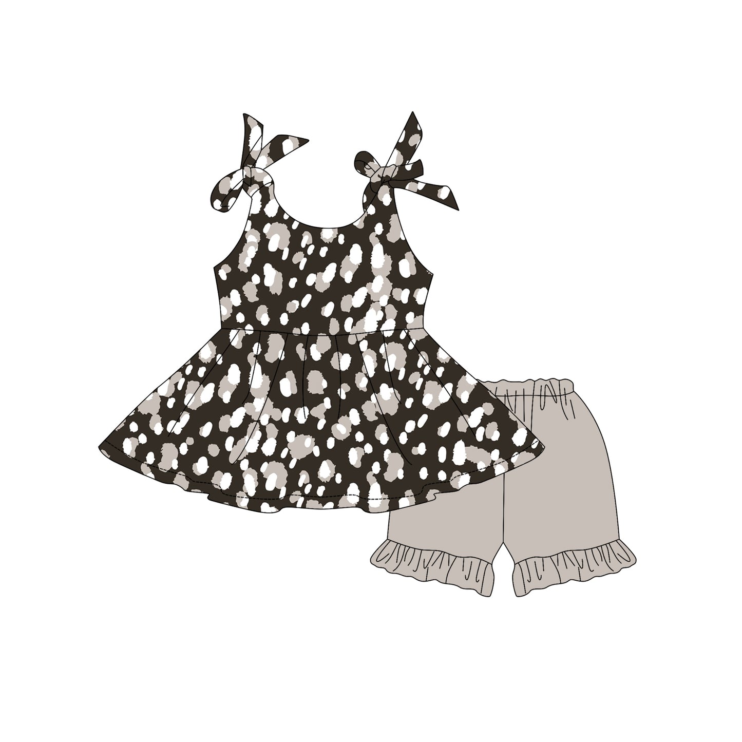 Preorder moq 5 Baby Girls Black Strap Leopard Tunic Ruffle Short Set