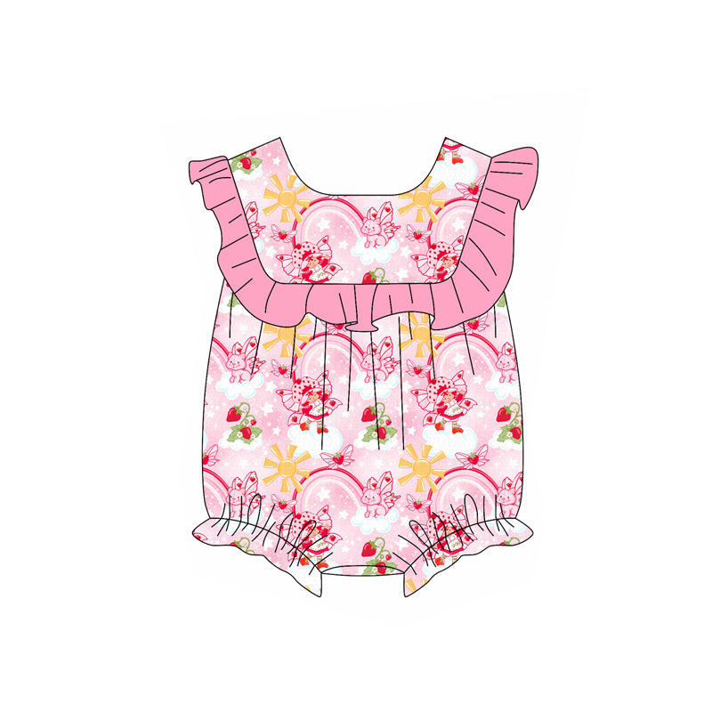 Preorder (moq 5)Baby Girls Sleeveless Pink Butterfly Rainbows Floral Ruffle Rompers