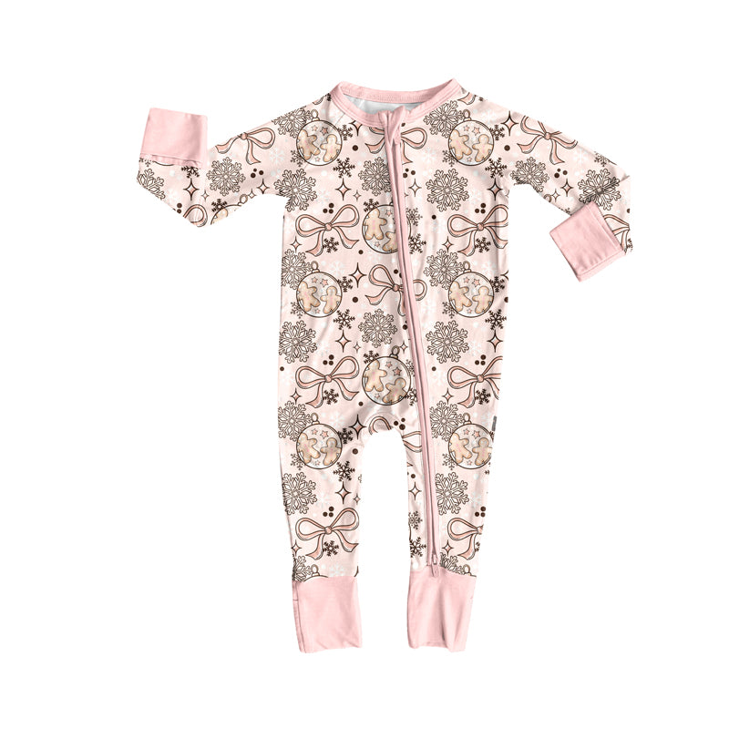 Preorder (moq 5)Baby Girls Long Sleeves Pink Snowflake Bows Plaid Zipper Pant Rompers