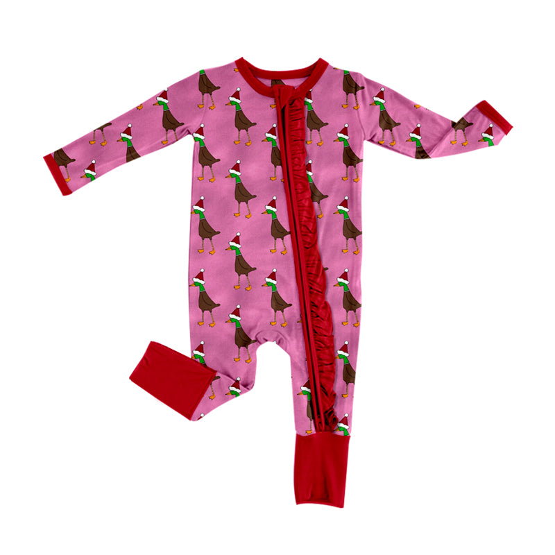 Preorder (moq 5)Baby Girls Hot Pink Long Sleeves Hats Ducks Zipper Rompers